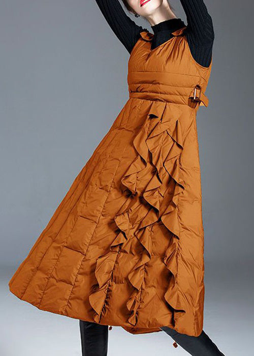 New Caramel Ruffled Zippered Pockets Duck Down Dress Sleeveless