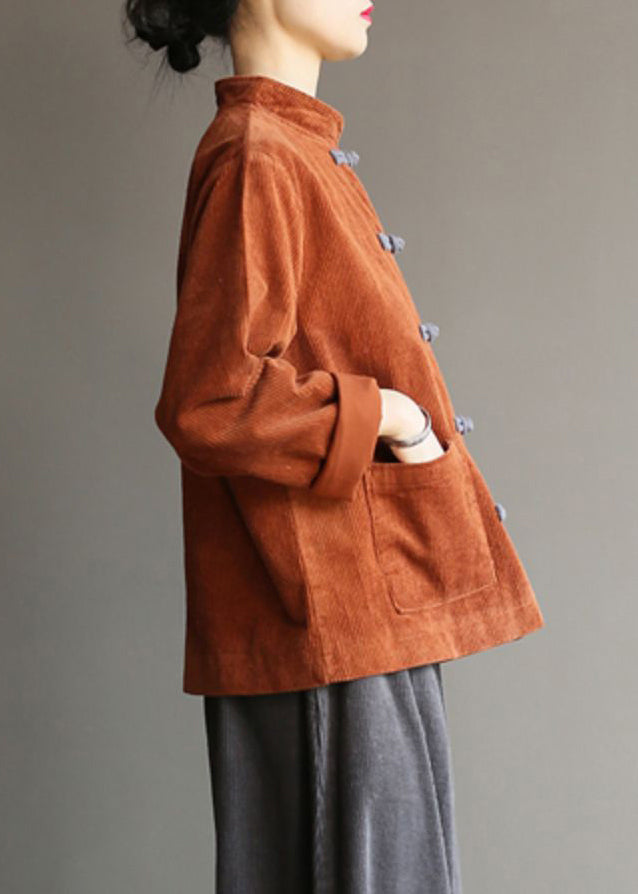 New Caramel Stand Collar Button Pockets Corduroy Coats Fall