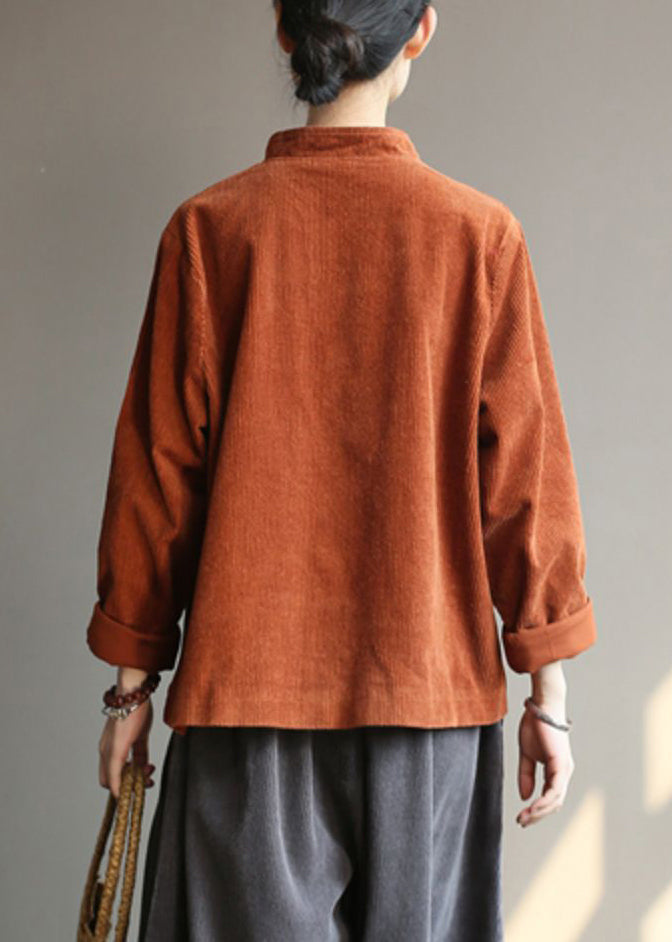 New Caramel Stand Collar Button Pockets Corduroy Coats Fall