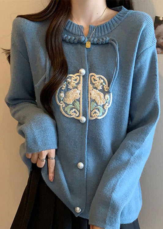 New Chinese Style Blue O-Neck Tassel Knit Coats Fall