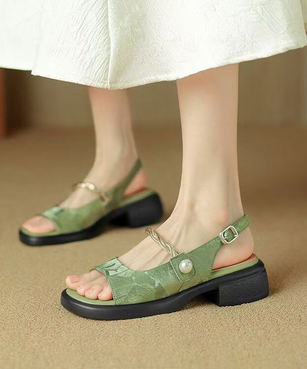 New Chinese Style Green Chunky Heel Retro Sandals Peep Toe