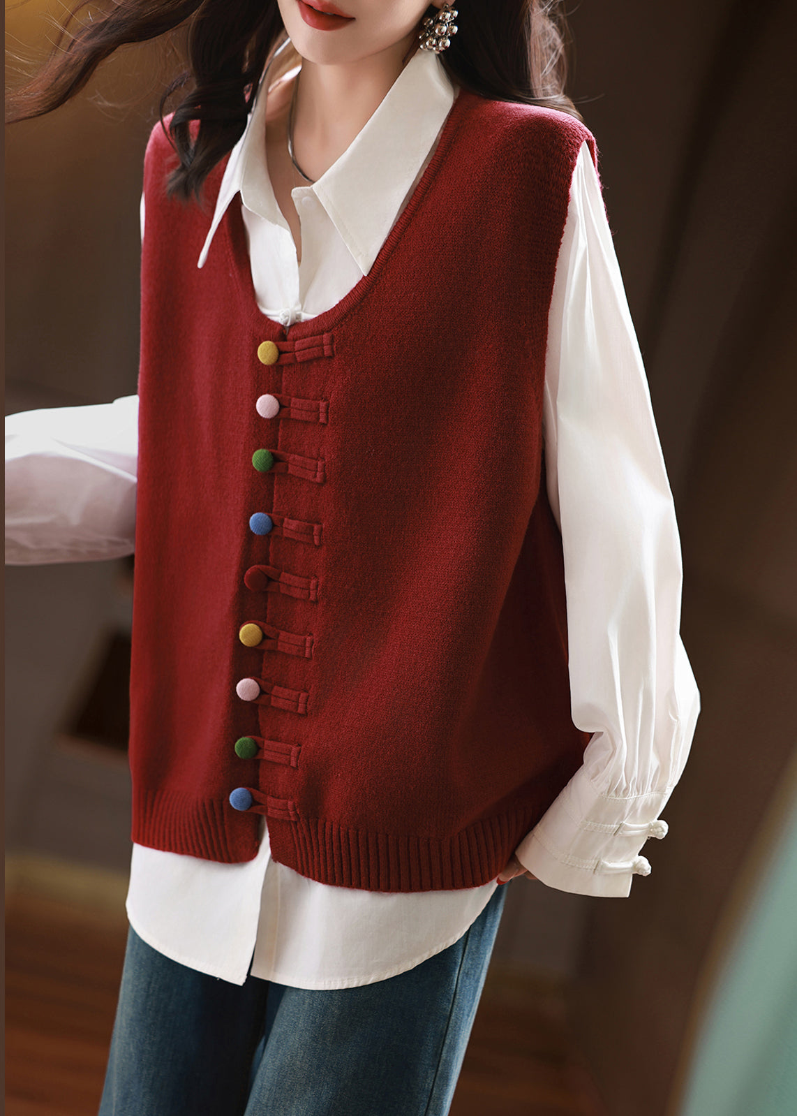 New Chinese Style Red Vest And Shirts Two Pieces Set Fall