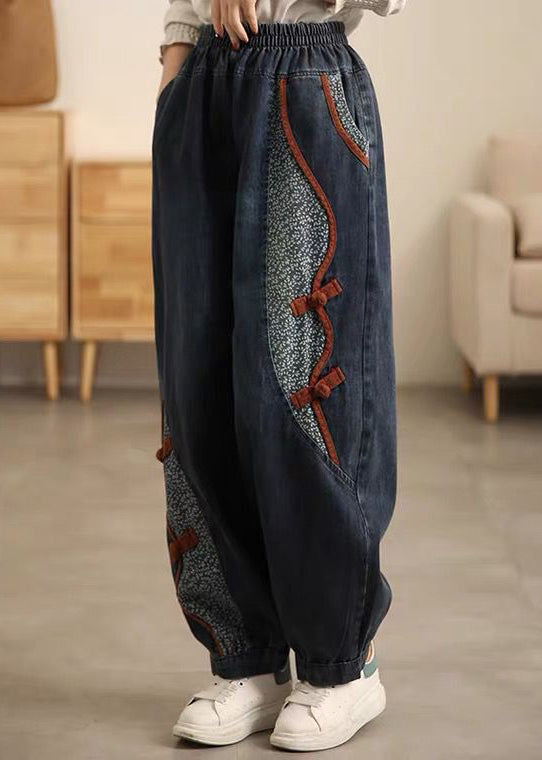 New Denim Blue Pockets Elastic Waist Patchwork Crop Pants Fall