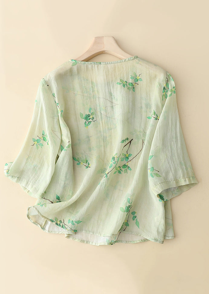 New Green Button Print Linen Shirt Long Sleeve