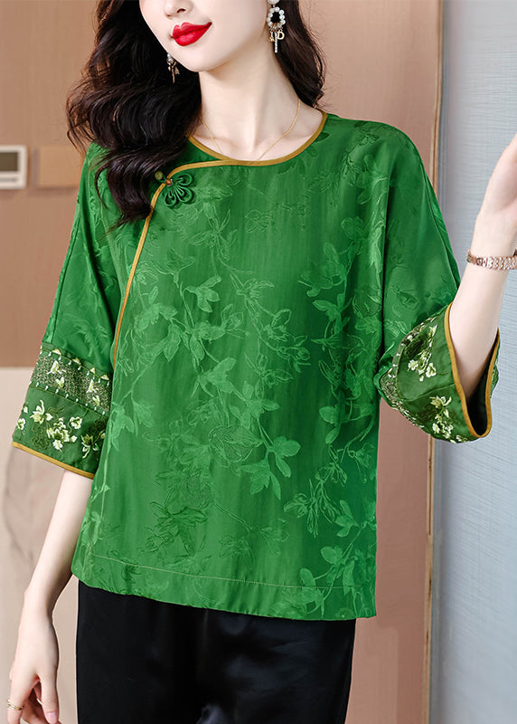 New Green Embroidered Button Print Silk Shirt Bracelet Sleeve