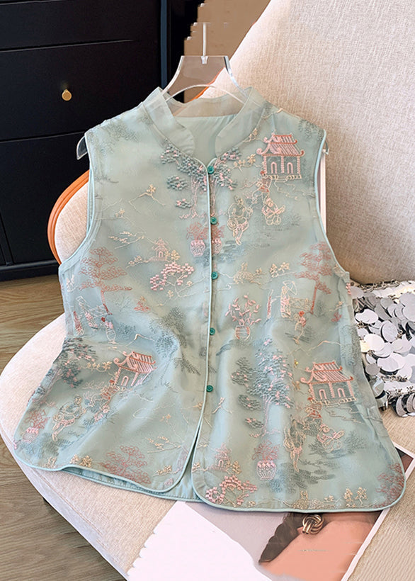 New Green Embroidered Button Tulle Waistcoat Sleeveless