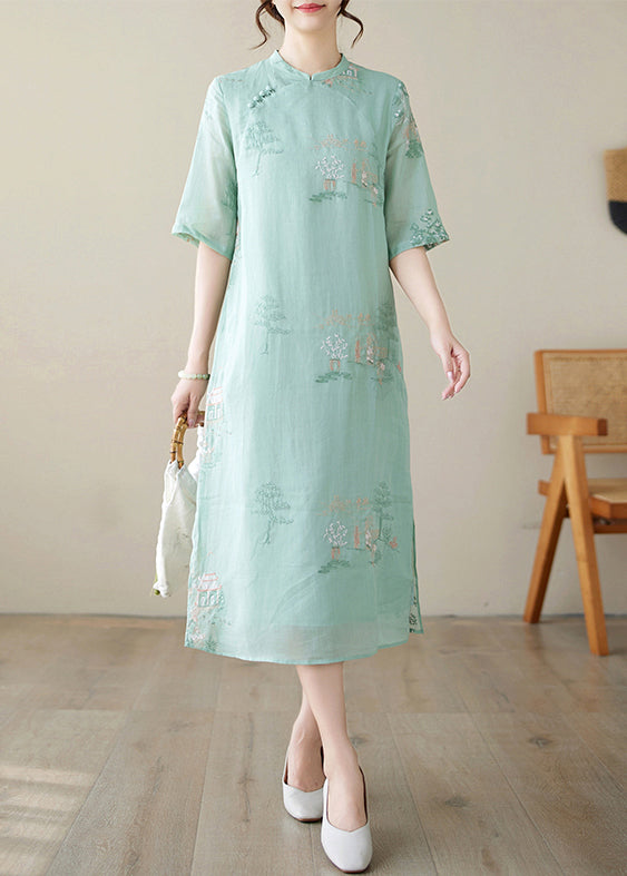 New Green Embroidered Side Open Cotton Dresses Half Sleeve