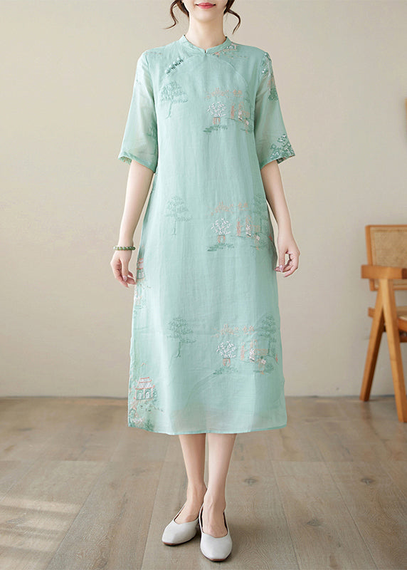 New Green Embroidered Side Open Cotton Dresses Half Sleeve