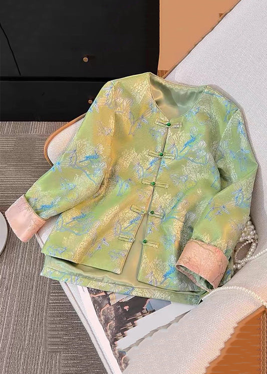 New Green Print Print Side Open Silk Coats Fall