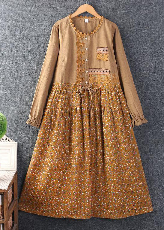 New Green Print Tie Waist Patchwork Cotton Dress Long Sleeve