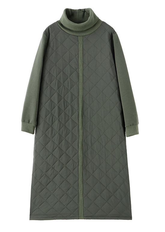 New Green Turtleneck Pockets Patchwork Thick Dress Winter