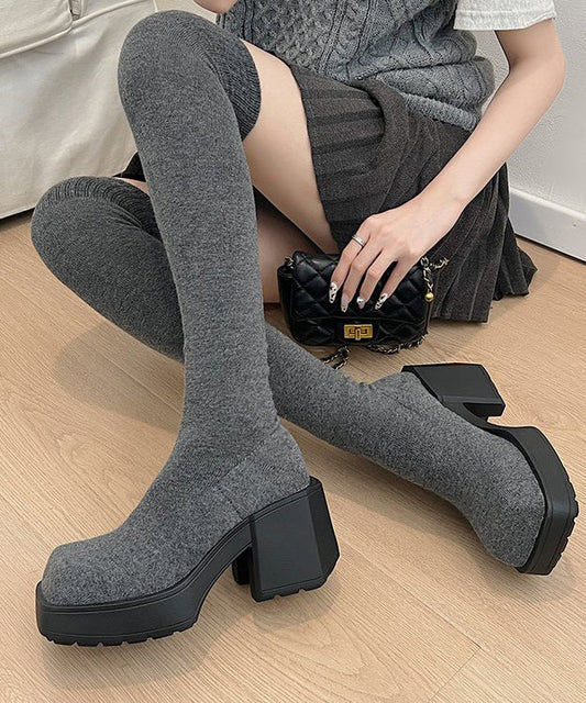 New Grey Knit Fabric Chic Splicing Chunky Heel Knee Boots