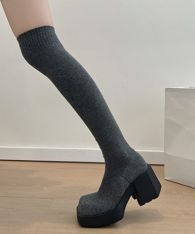 New Grey Knit Fabric Chic Splicing Chunky Heel Knee Boots