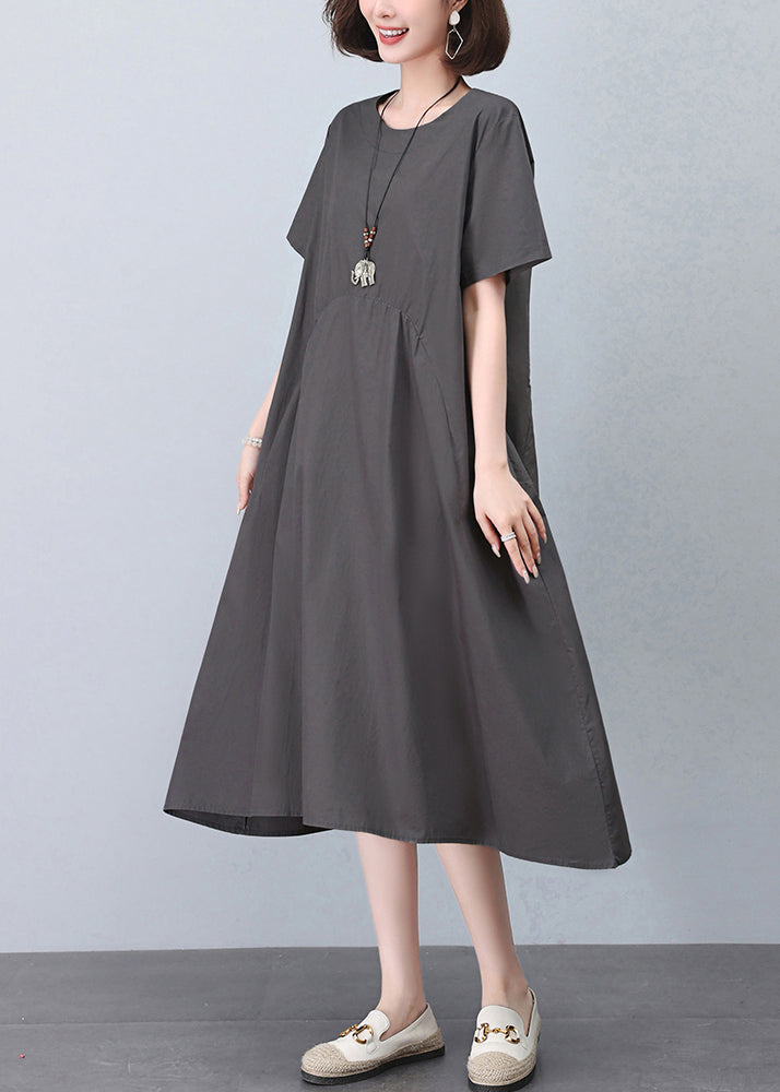 New Grey O Neck Pockets Cotton Dresses Summer