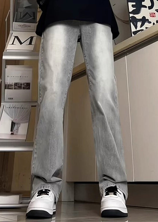 New Grey Pockets Denim Men Straight Pants Fall