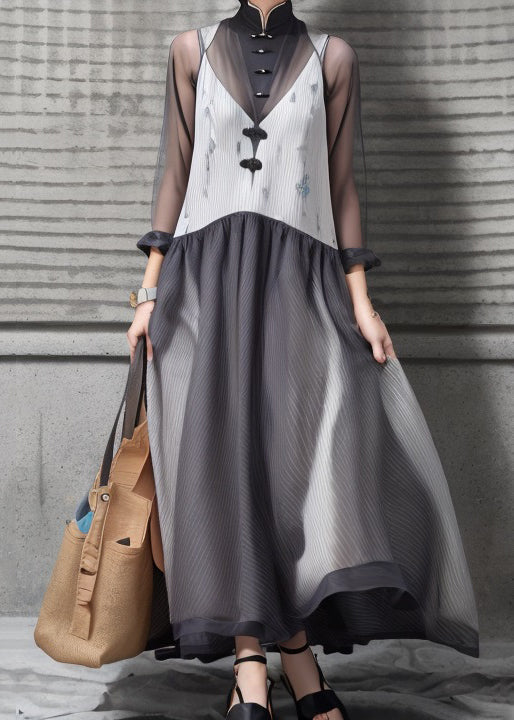 New Grey Stand Collar Button Patchwork Silk Maxi Dresses Long Sleeve