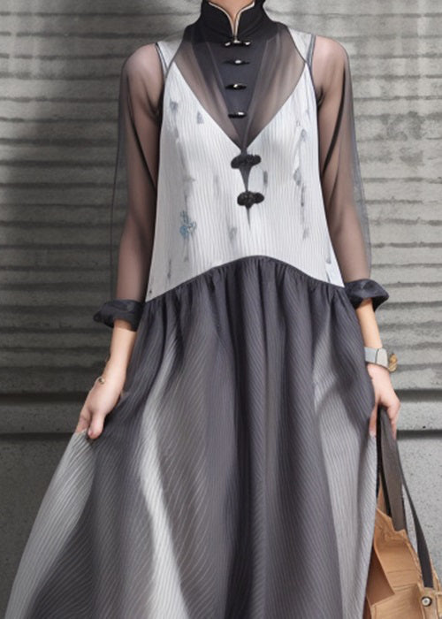 New Grey Stand Collar Button Patchwork Silk Maxi Dresses Long Sleeve