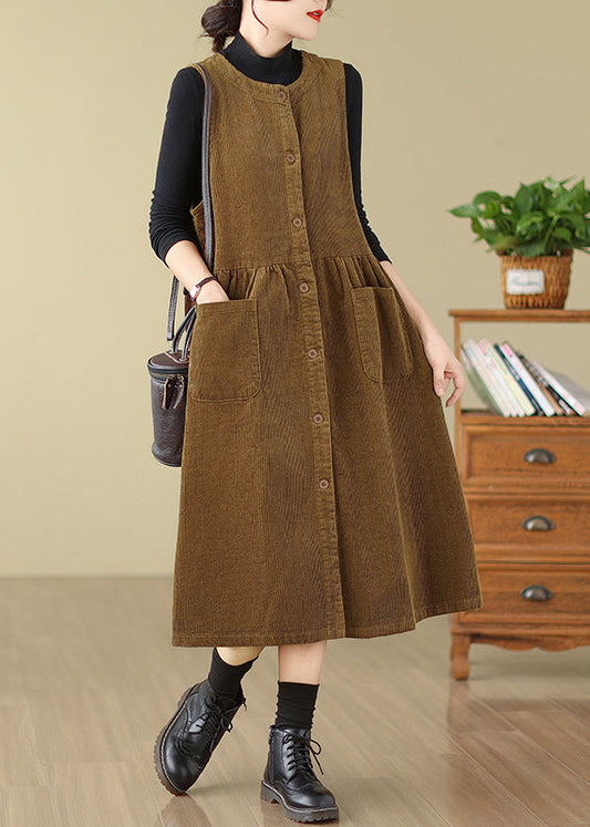 New Khaki Button Wrinkled Corduroy Waistcoat Dress Sleeveless