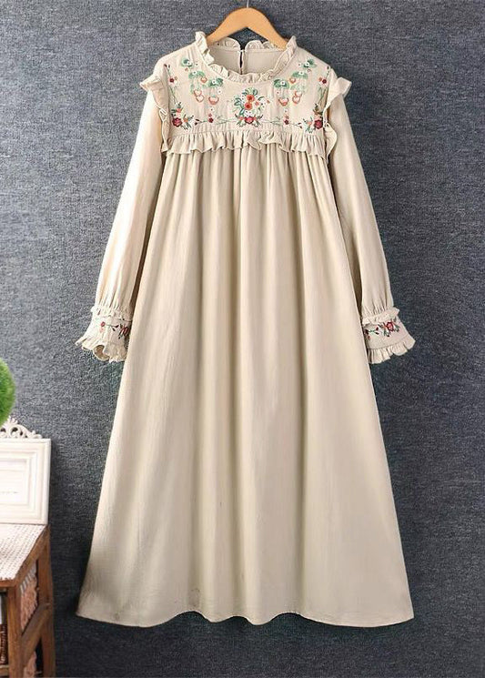 New Khaki Embroideried Ruffled Cotton Long Dresses Spring