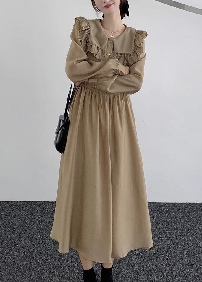 New Khaki Ruffled Button Cotton Long Dresses Spring