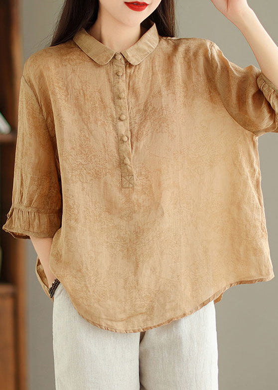 New Khaki Solid Button Print Linen Shirt Summer