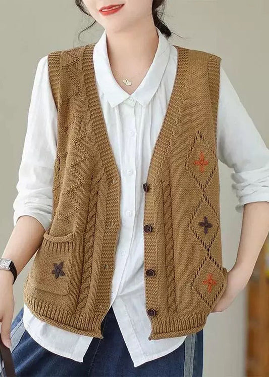 New Khaki V Neck Embroideried Knit Vest Sleeveless