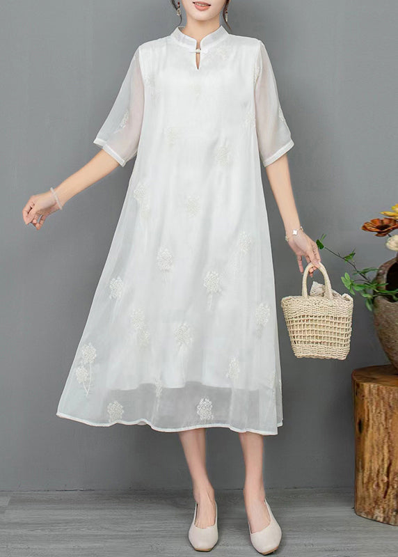 New Light Green Stand Collar Embroidered Linen Dress Half Sleeve