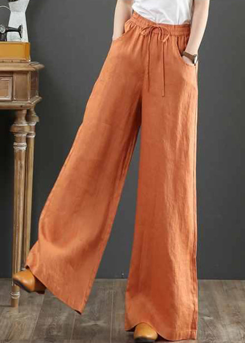 New Linen Pockets Solid Elastic Waist Linen Wide Leg Pants Fall