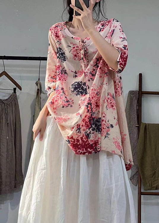 New Loose Pink Print Lace Up Linen Shirts Top Summer