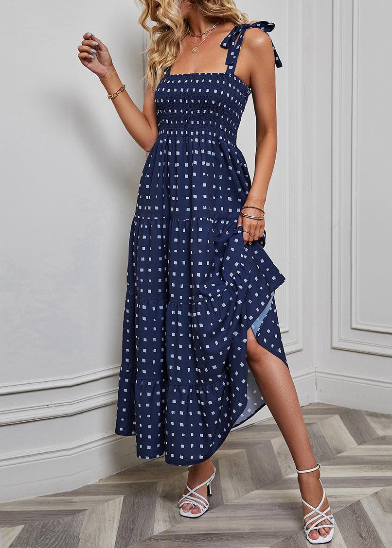 New Navy Lace Up Dot Cotton Spaghetti Strap Dress Sleeveless