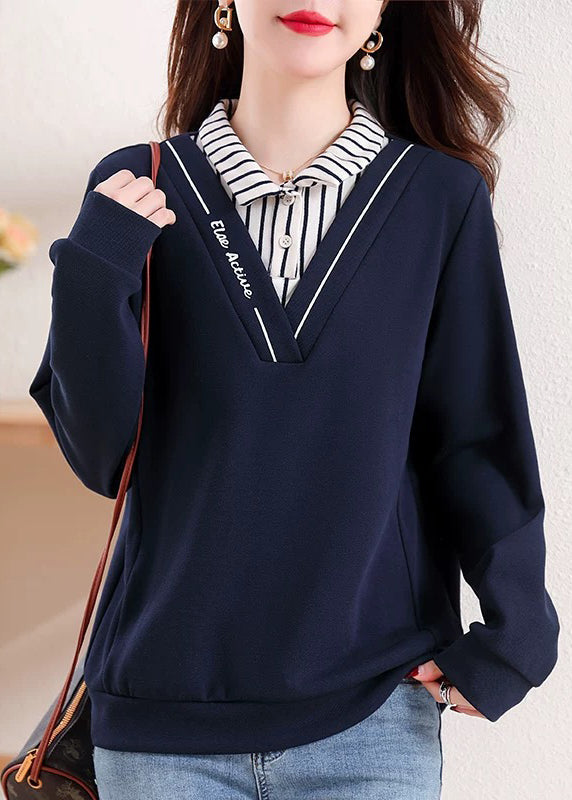 New Navy Peter Pan Collar Patchwork False Two Pieces Cotton Top Fall