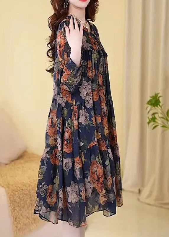 New Navy Print Wrinkled Cotton Long Dresses Long Sleeve