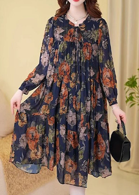 New Navy Print Wrinkled Cotton Long Dresses Long Sleeve