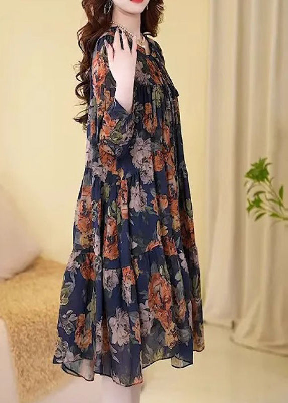 New Navy Print Wrinkled Cotton Long Dresses Long Sleeve