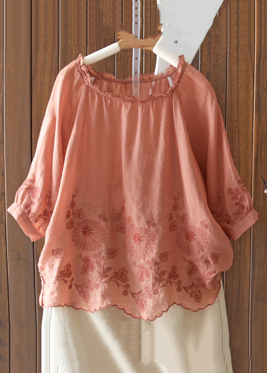 New Orange Ruffled Embroidered Linen T Shirt Half Sleeve