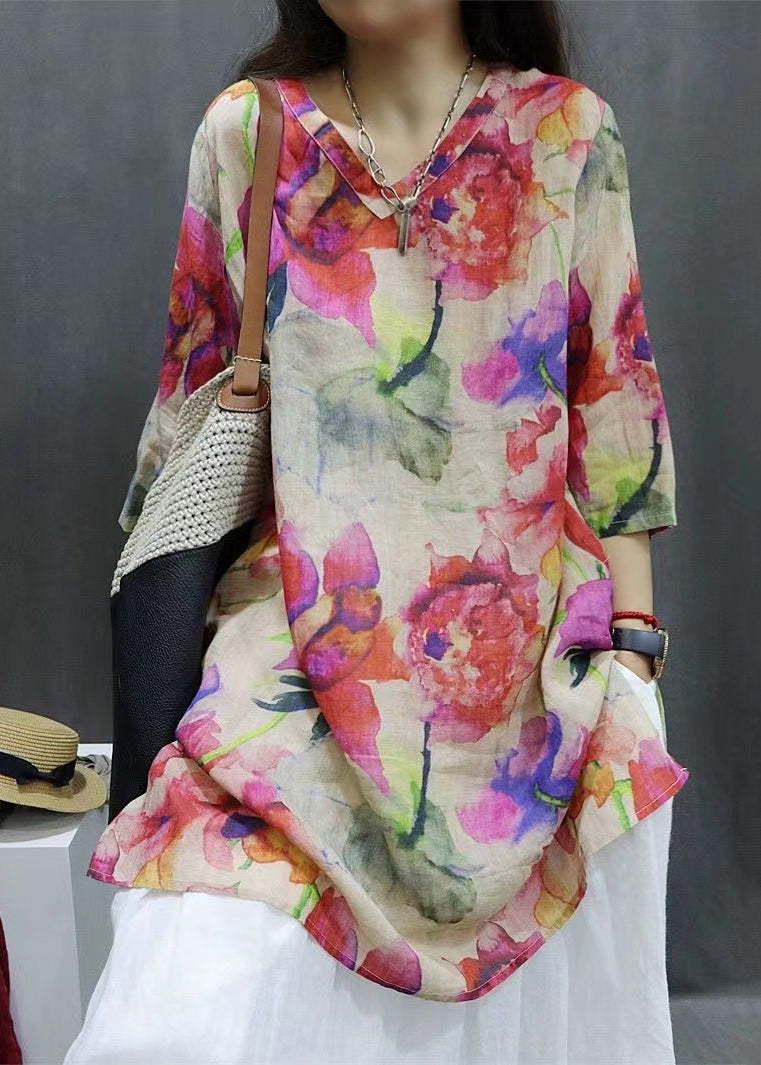 New Photo Color V Neck Print Linen Blouse Half Sleeve