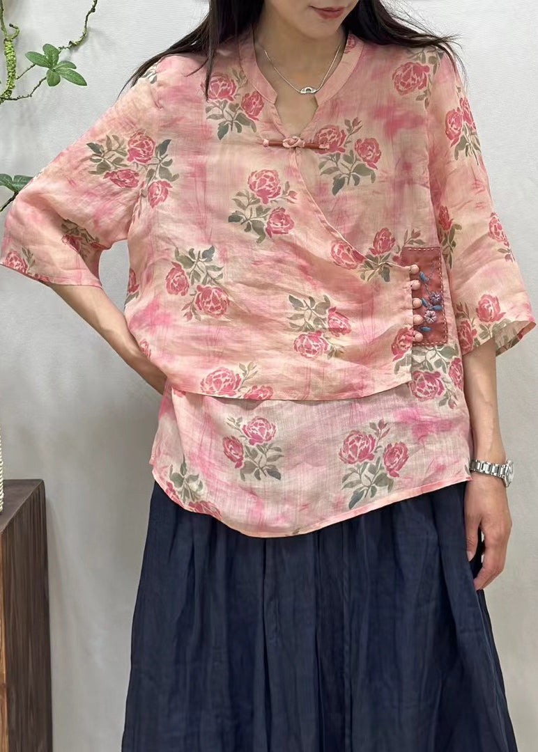 New Pink Asymmetrical Button Print Linen Shirt Half Sleeve