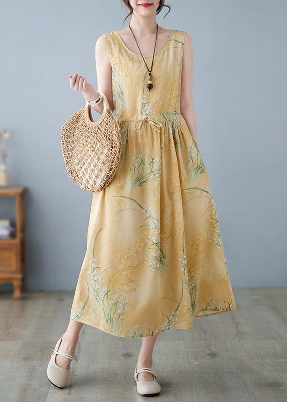 New Yellow Print Lace Up Pockets Cotton Dress Sleeveless