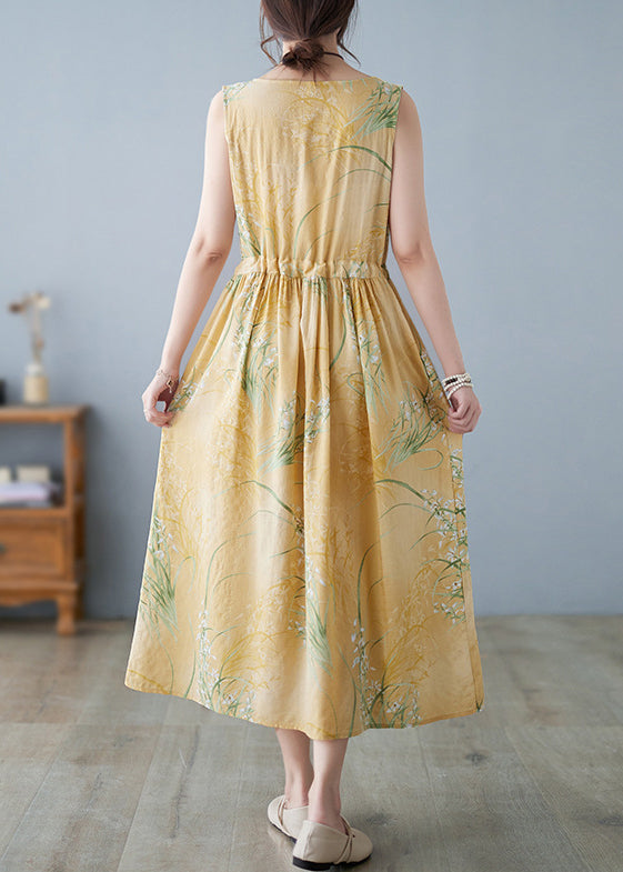 New Yellow Print Lace Up Pockets Cotton Dress Sleeveless