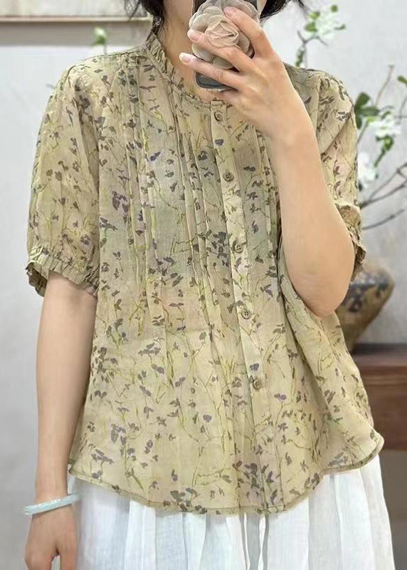 New Pink Ruffled Button Print Linen Shirt Summer