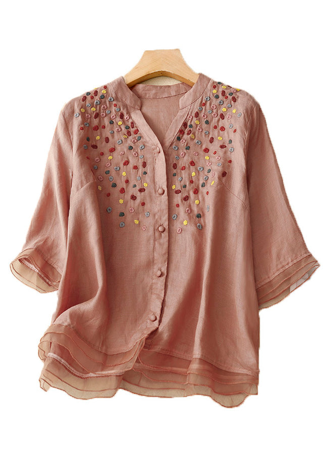 New Pink V Neck Embroideried Button Cotton Top Spring