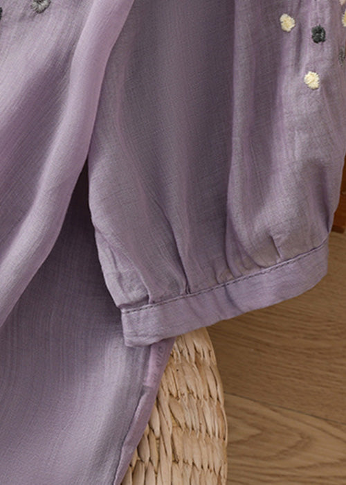 New Purple O Neck Embroideried Side Open Linen Blouse Spring