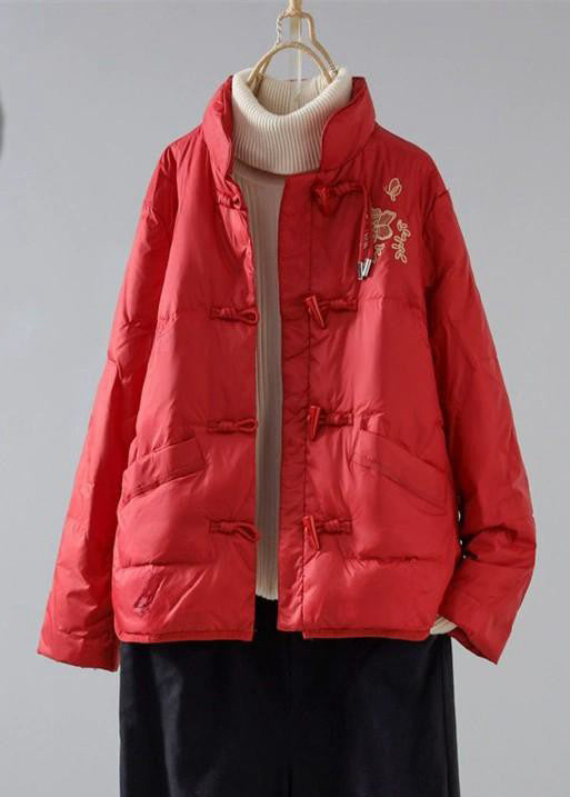 New Red Embroidered Pockets Cotton Filled Parka Winter