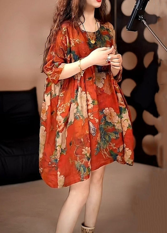 New Red O Neck Print Cotton Dresses Half Sleeve