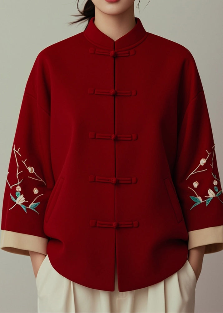 New Red Stand Collar Button Print Cotton Coat Fall