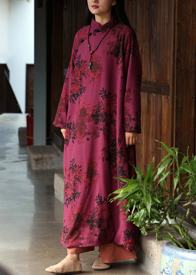 New Red Stand Collar Print Button Cotton Long Dresses Fall