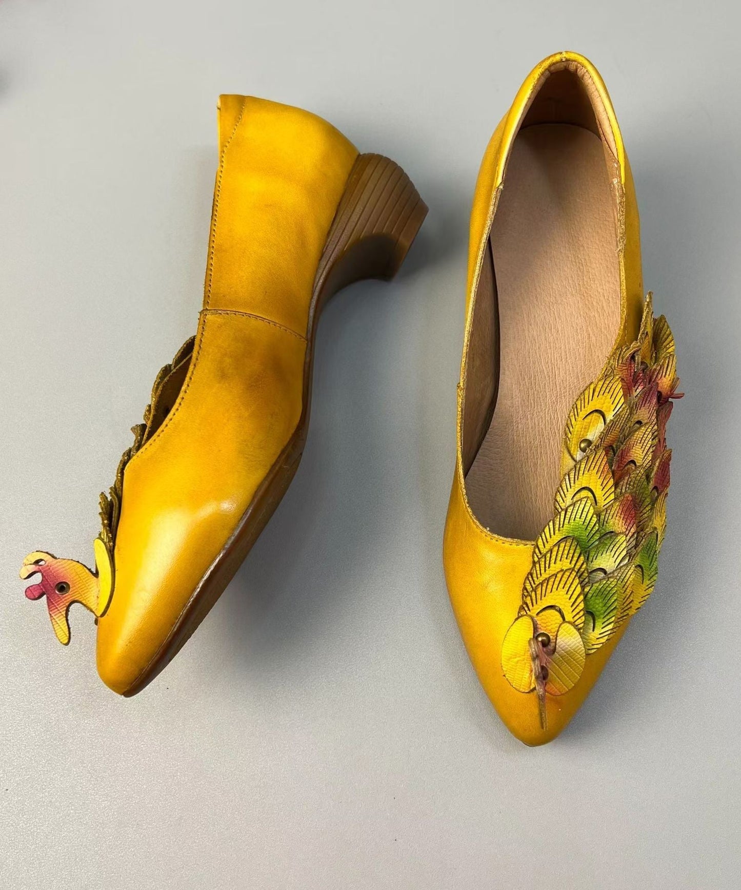 New Retro Ethnic Style Yellow Pointed Toe Cowhide Leather Shoes