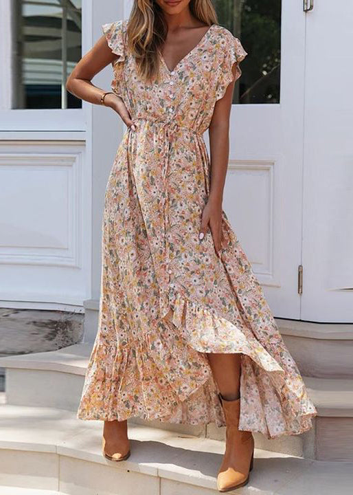 New Ruffled Lace Up Print Chiffon Dresses Summer