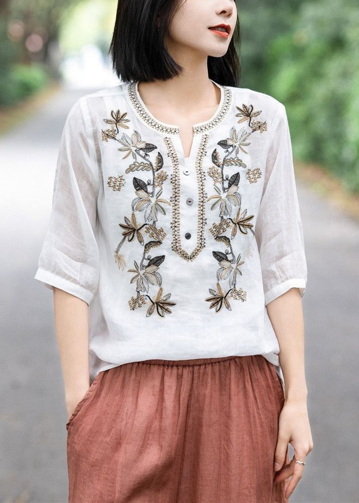 New White V Neck Embroideried Button Cotton Top Summer