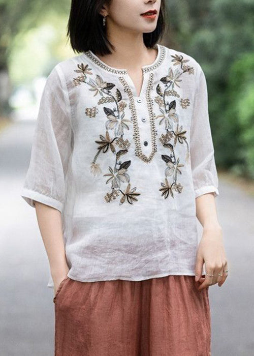 New White V Neck Embroideried Button Cotton Top Summer